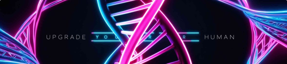 Neon DNA helix banner from the Redbubble shop reading Upgrade your human