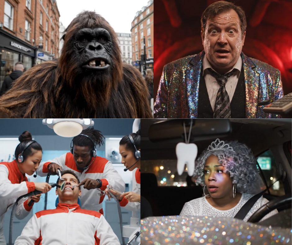 Four frames from AI-generated videos: a bigfoot on a London street, a man in a sparkly jacket, a dental team, and a woman in a tiara driving
